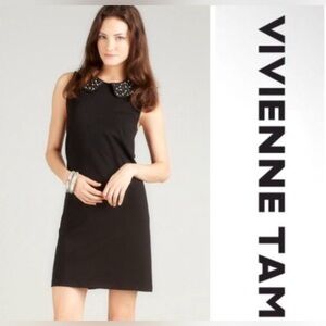 Vivienne Tam Black Dress W/Pearl and Bead Embellishments Mary Jane Collar M